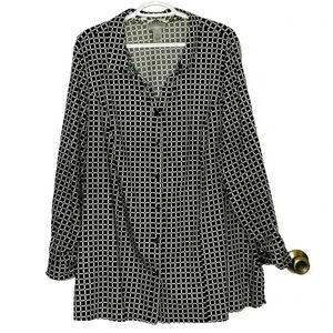 Catherines 2X Button Up Top Tunic Roll Tab Sleeve Black White Windowpane Plaid